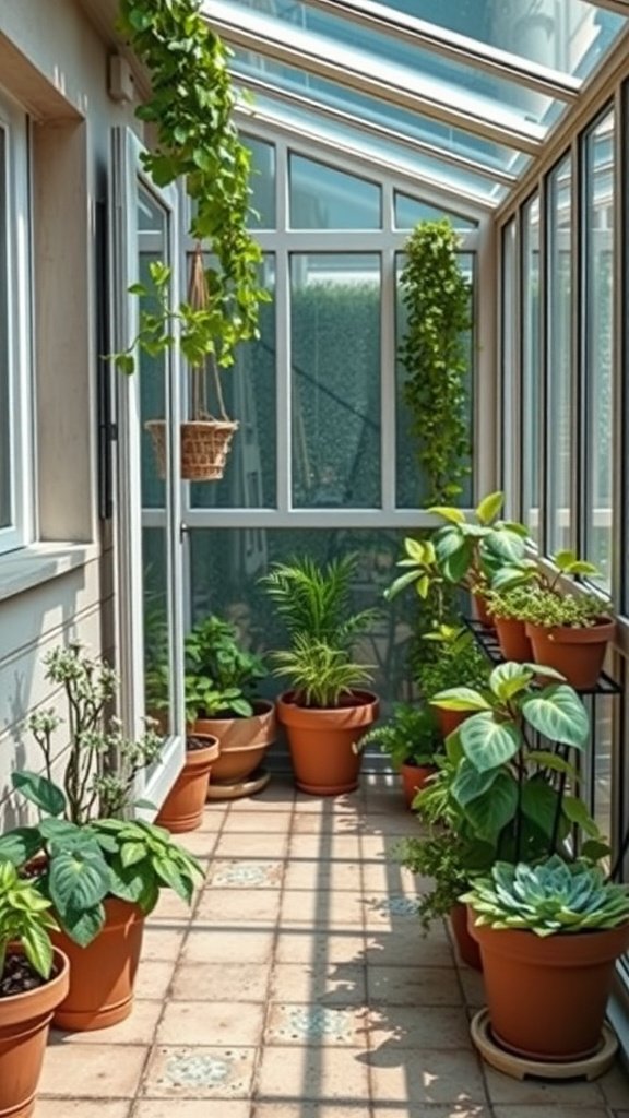 A bright balcony greenhouse filled with various potted plants and hanging greenery.