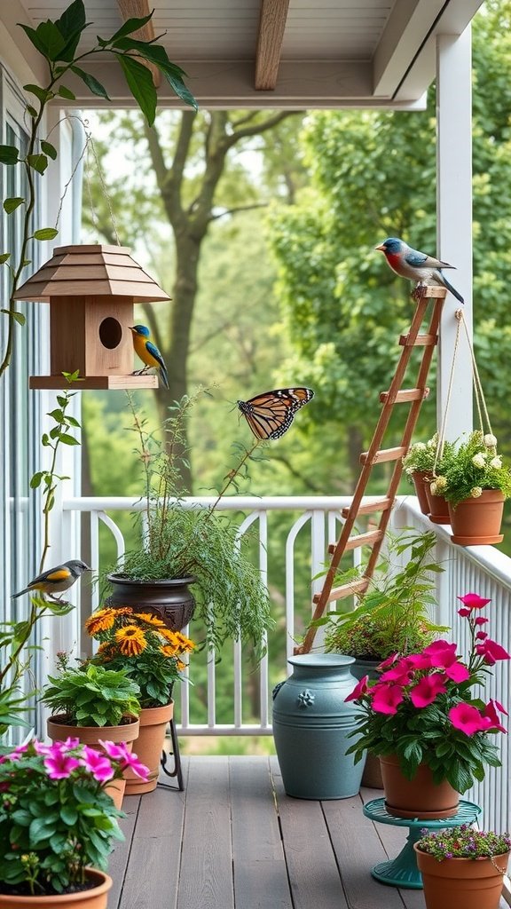 A small balcony with a birdhouse, colorful flowers, and a ladder, creating a wildlife habitat.