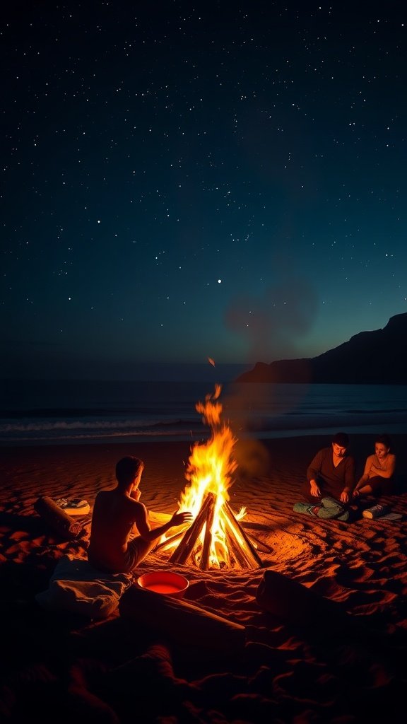 A beach bonfire with friends under a starry sky