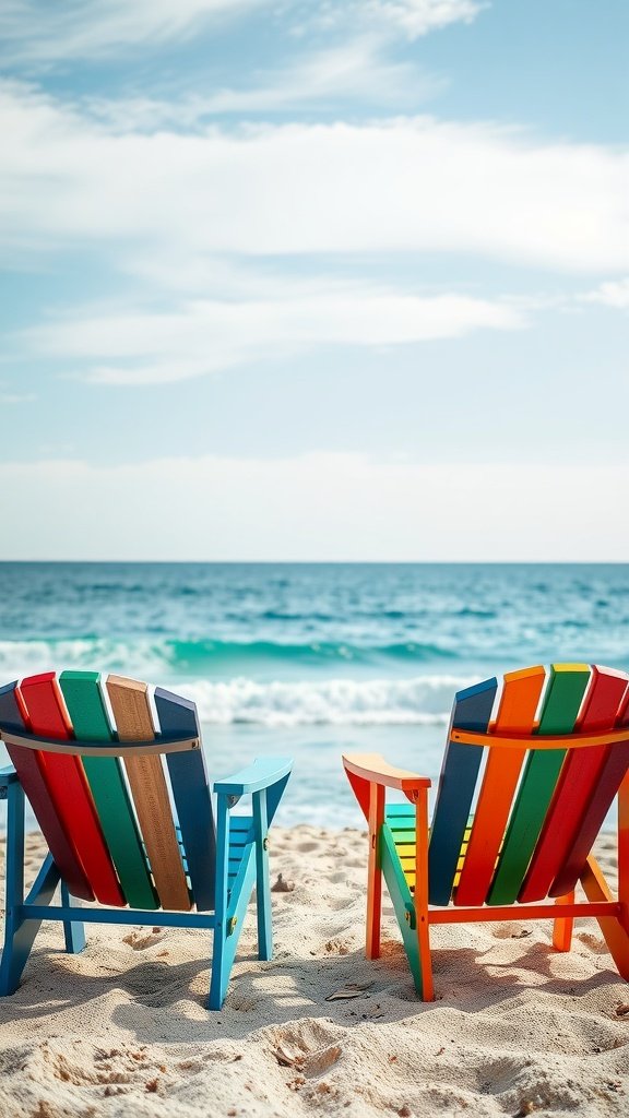 Colorful beach chairs facing the ocean on a sandy beach