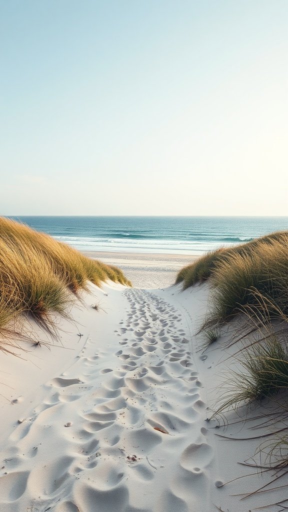 A sandy pathway through tall grass dunes leading to a tranquil beach and ocean.