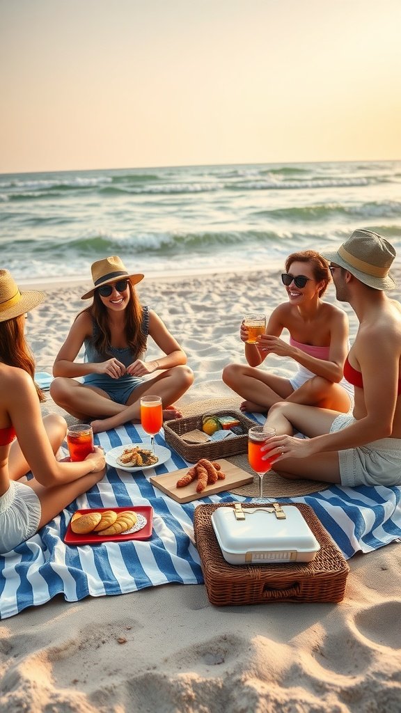 A group of friends enjoying a beach picnic with snacks and drinks on a sunny day.