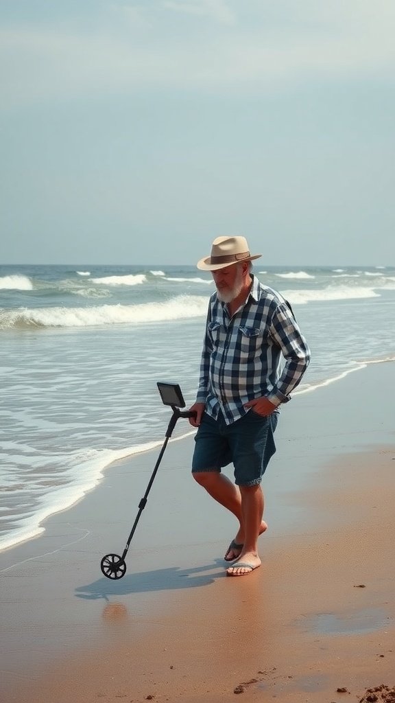 A beachcomber searching for treasures on the shore with a metal detector.