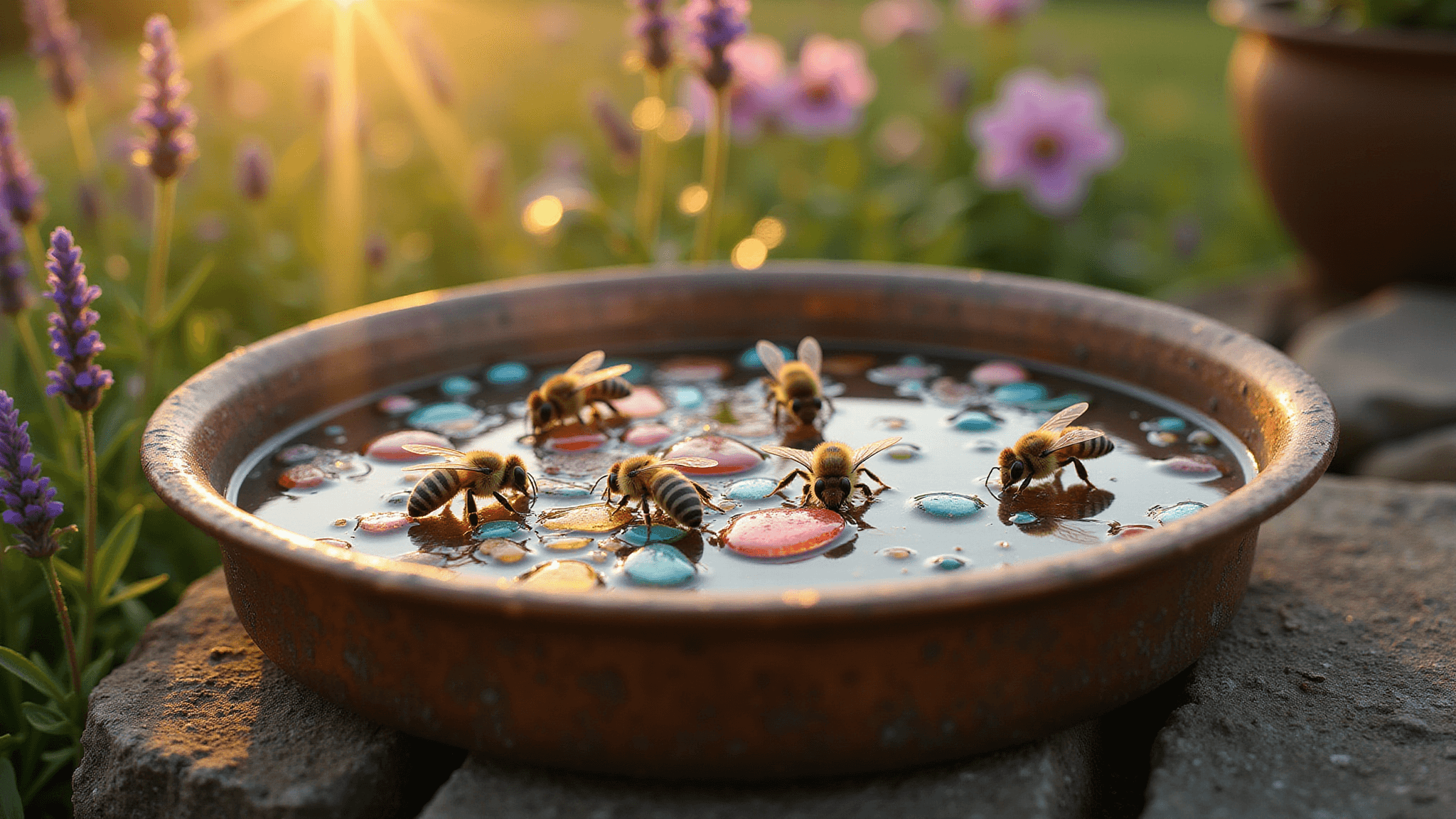 A rustic bee watering station featuring a copper basin filled with water and colorful glass pebbles, with honey bees drinking in a lush garden, captured at golden hour with soft lighting and dreamy bokeh effects.