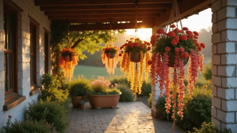 A wide-angle shot of a bohemian patio with cascading calibrachoa flowers in sunset colors, suspended from macramé hangers, illuminated by golden hour sunlight and featuring intricate textures and warm lighting.