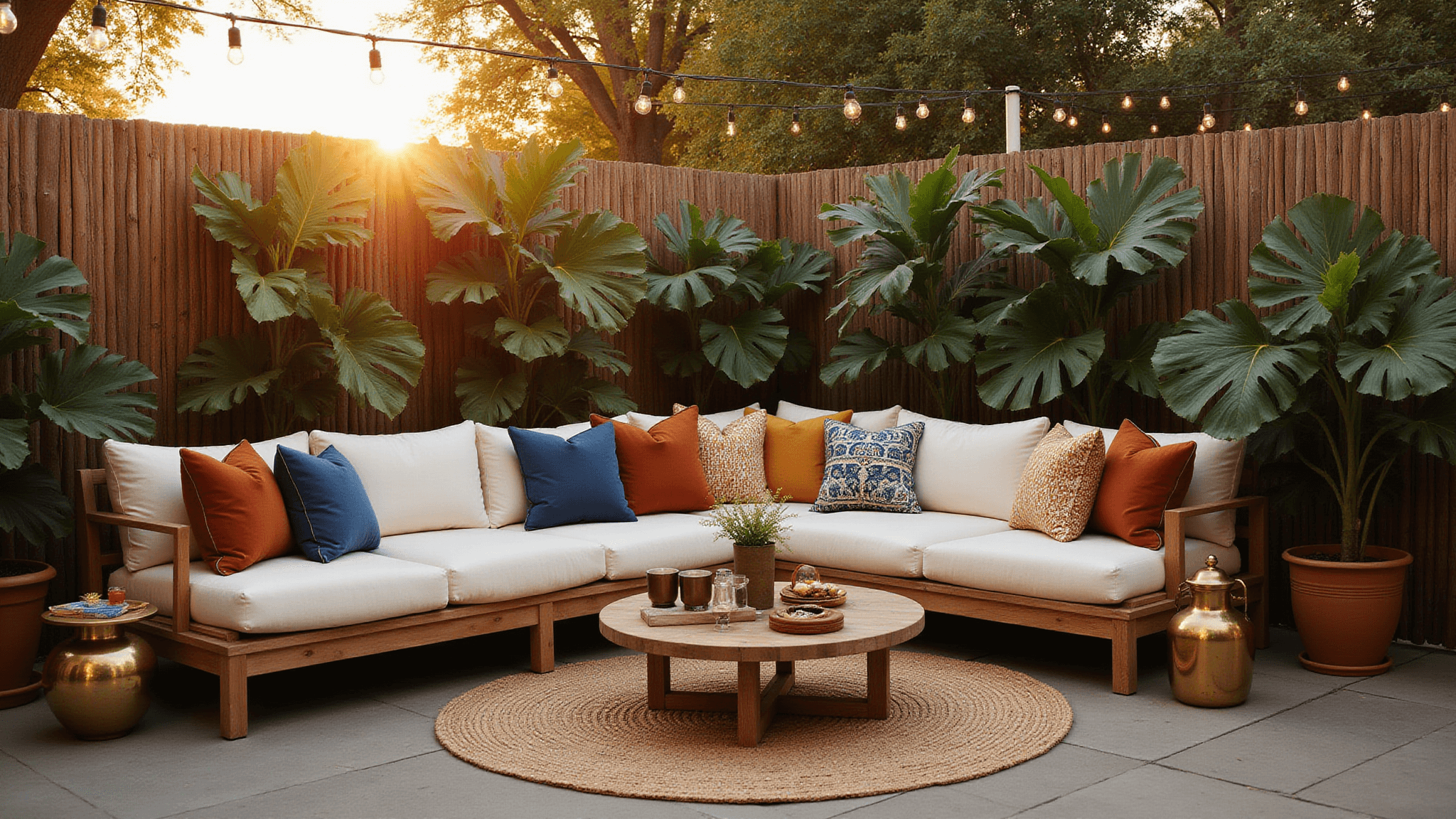 A luxurious bohemian patio at golden hour, featuring a teak sectional with cream cushions, colorful throw pillows, market lights, and tropical plants, with warm sunlight filtering through bamboo screens, captured in hyperrealistic detail.