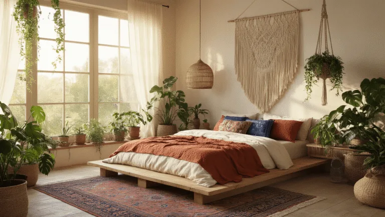 A sun-drenched boho bedroom during golden hour, featuring a low wooden platform bed with layered textiles, macramé wall hanging, rattan pendant lamp, cascading potted plants, a vintage Persian rug, and warm, directional lighting emphasizing textures.