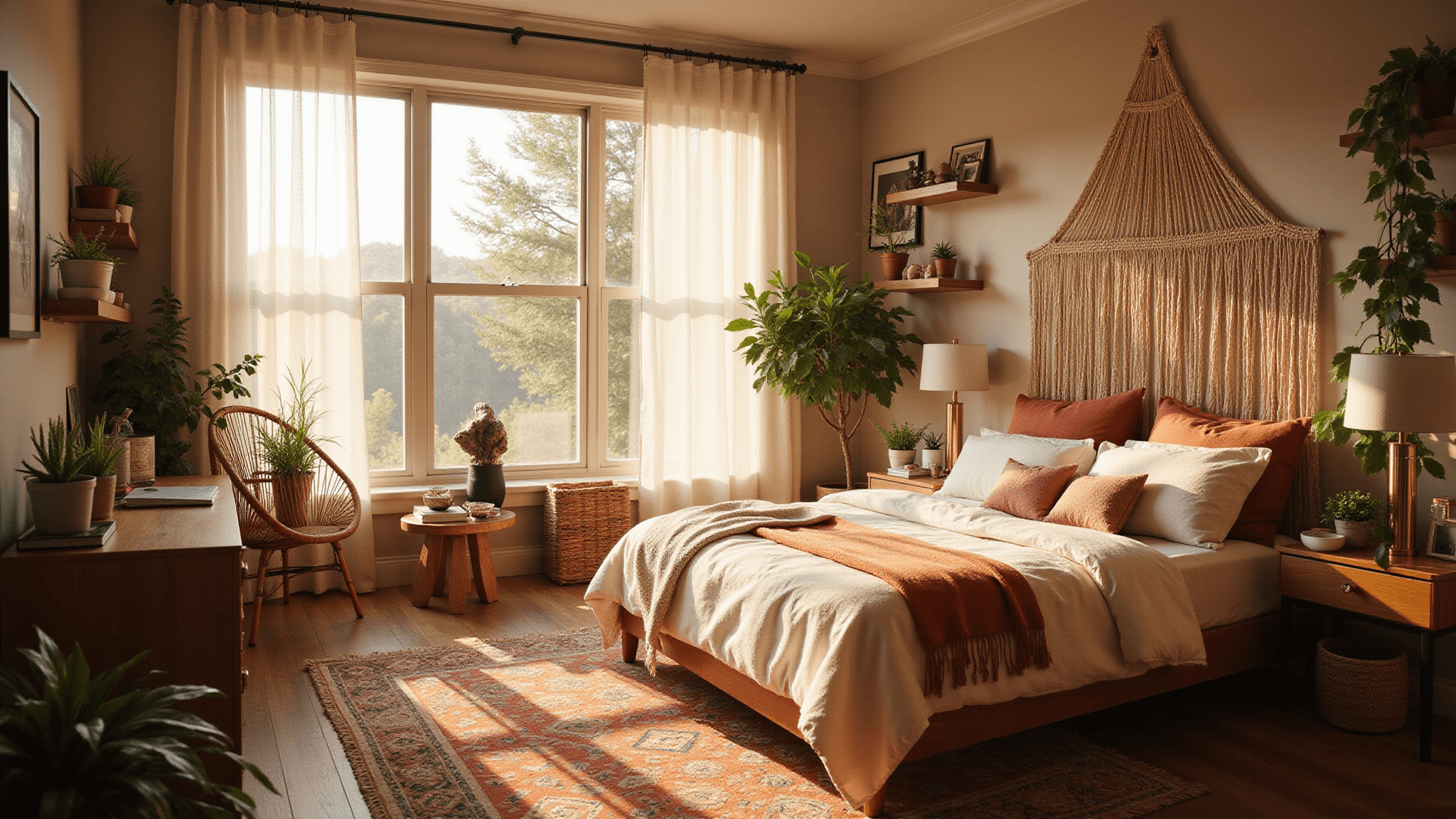 A boho chic teen bedroom illuminated by golden hour sunlight, featuring a queen-sized bed with textured bedding, a macramé canopy, a rattan hanging chair, and decorative elements like a vintage rug, potted plants, and personal memorabilia on floating shelves.