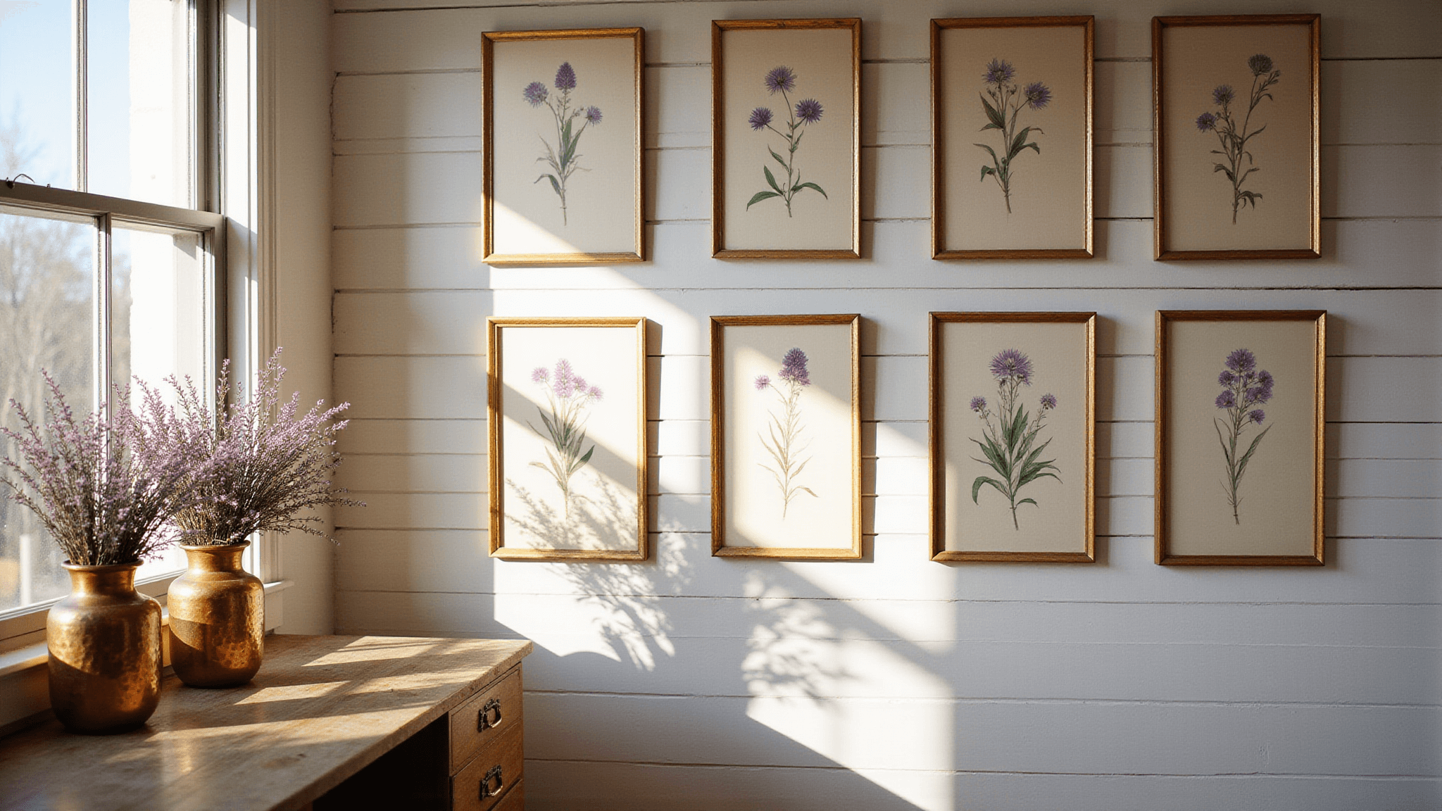 A sunlit home office featuring vintage botanical pressed purple wildflowers in weathered gold frames on white shiplap walls, a weathered oak desk with dried violet arrangements in hammered copper vases, and warm golden afternoon light enhancing the muted purple and cream color palette.