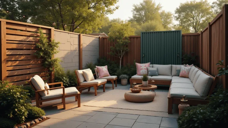 A cinematic wide-angle photograph of a multi-textured backyard privacy fence collection at golden hour, showcasing rustic wood, reed screens, cinder block, corrugated metal, and an emerald arborvitae wall, adorned with furniture, string lights, and vintage accessories, highlighting rich textures and warm colors.
