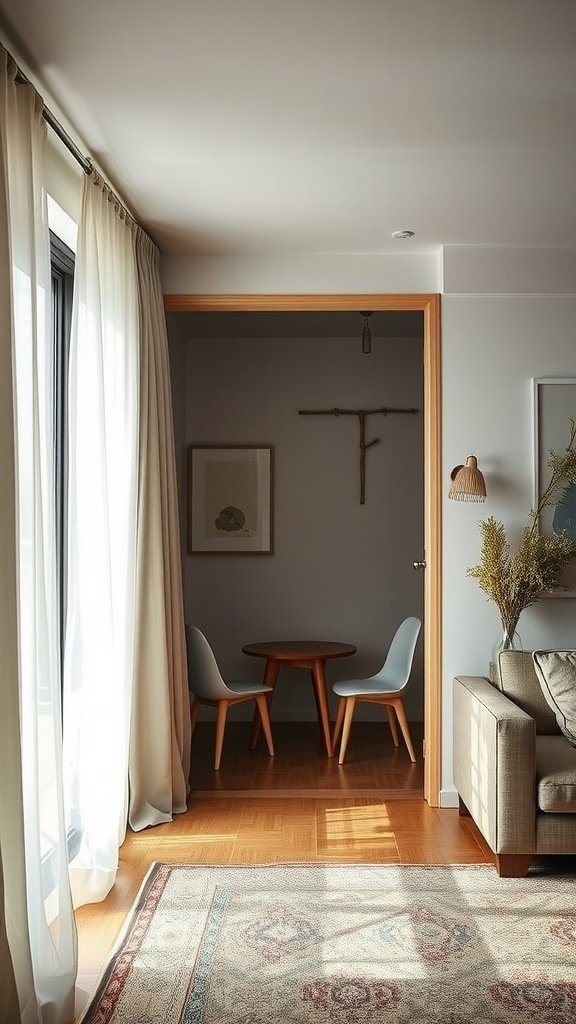 A cozy nook in a Wabi Sabi apartment with a round table, minimalist chairs, and soft curtains letting in natural light.
