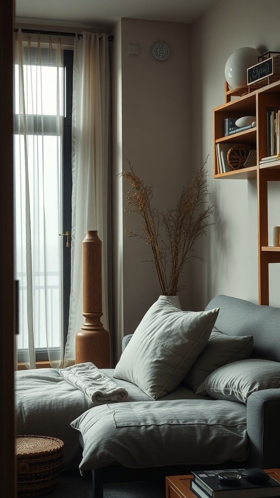 A cozy corner in a wabi sabi apartment featuring soft cushions, natural light, and wooden elements.