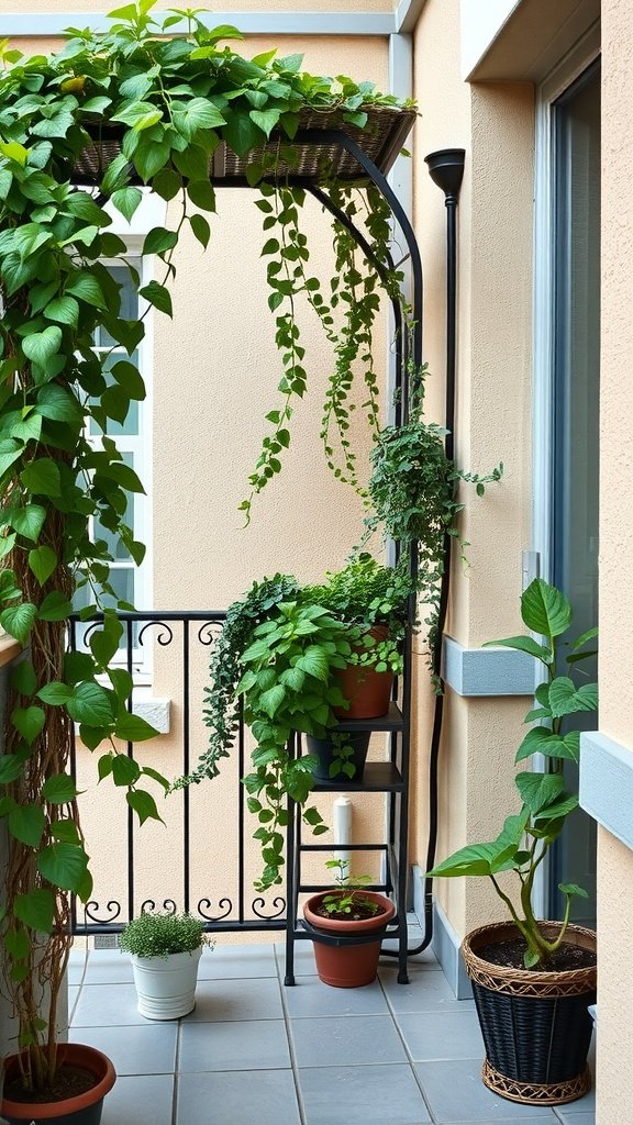 A small balcony featuring a trellis with green vines and potted plants.