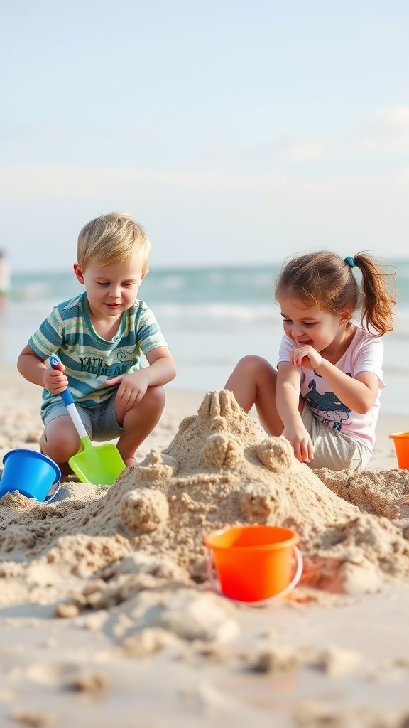Two children building a sandcastle on the beach with colorful buckets