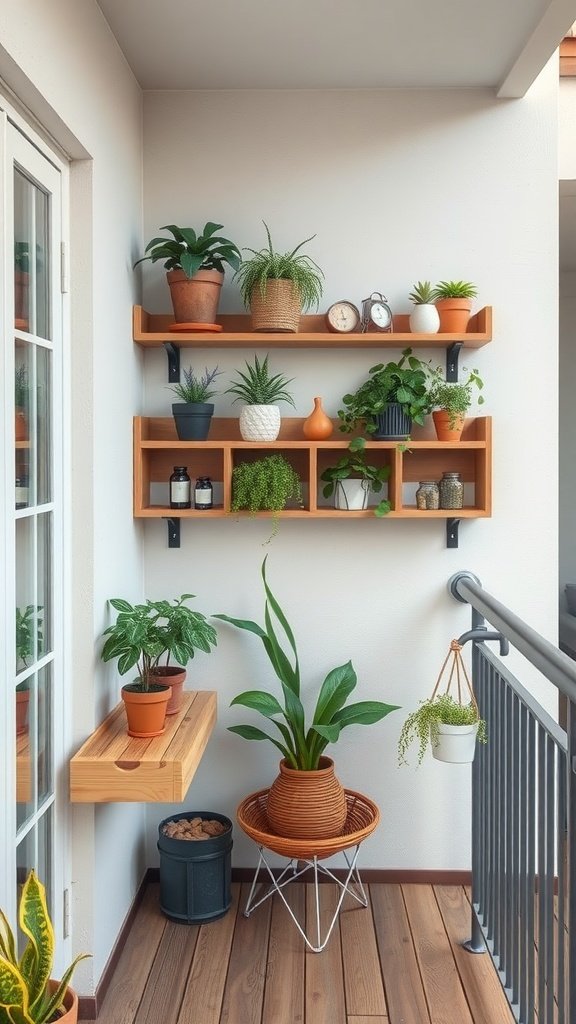 A small balcony featuring wooden shelves with various potted plants, enhancing the space's charm and functionality.