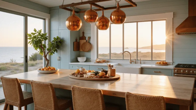 A sunlit beach house kitchen featuring a rustic wooden island with a charcuterie board, rattan bar stools, pale blue shiplap walls, hanging copper pots, and a farmhouse sink with an ocean view.