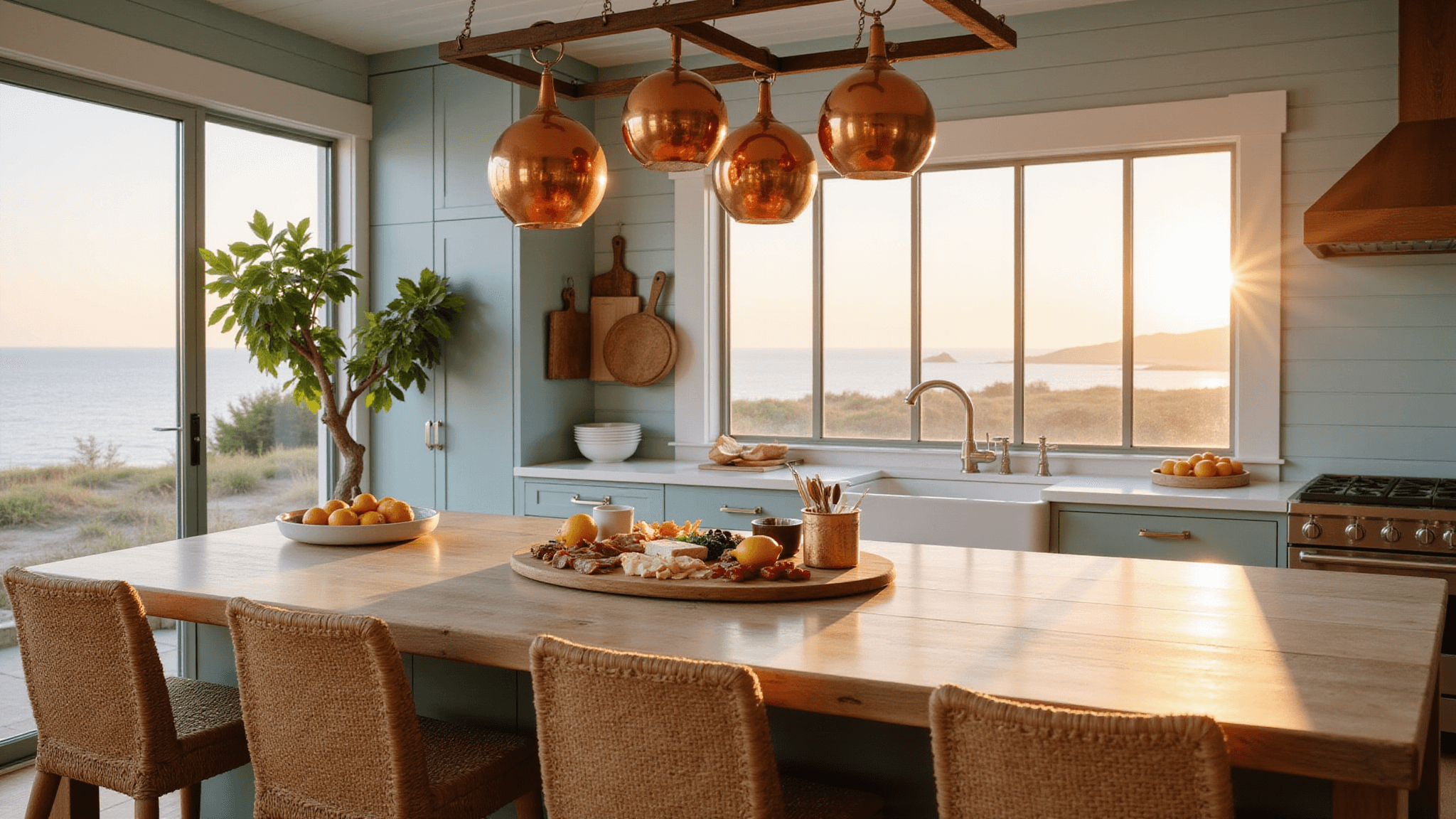 A sunlit beach house kitchen featuring a rustic wooden island with a charcuterie board, rattan bar stools, pale blue shiplap walls, hanging copper pots, and a farmhouse sink with an ocean view.