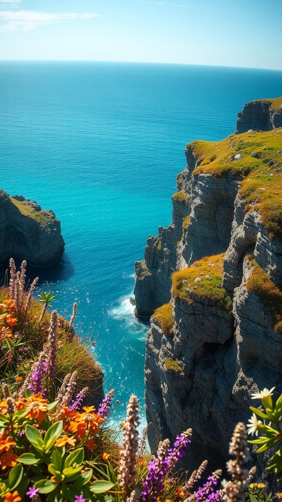 A scenic view of coastal cliffs adorned with colorful wildflowers overlooking a blue ocean.