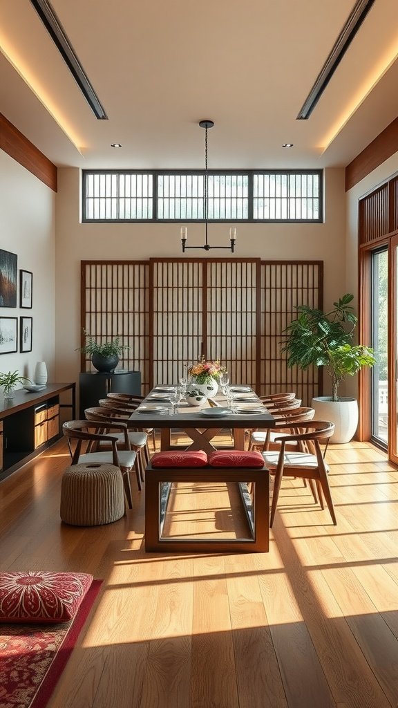 A beautifully designed Japandi dining room featuring a wooden table, stylish chairs, and large windows with natural light.