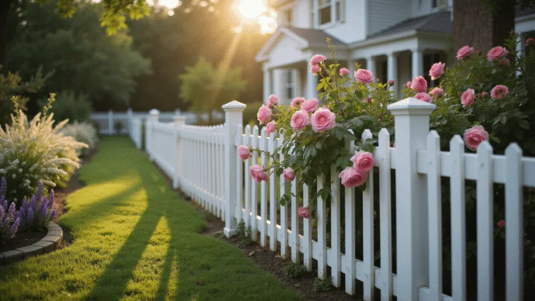 Photorealistic depiction of a Colonial-style home with a white picket fence adorned with climbing pink roses, set in golden hour lighting, featuring a lush green lawn and cottage garden flowers, evoking a vintage Americana feel.