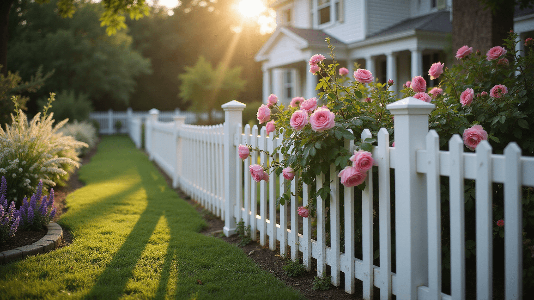 Photorealistic depiction of a Colonial-style home with a white picket fence adorned with climbing pink roses, set in golden hour lighting, featuring a lush green lawn and cottage garden flowers, evoking a vintage Americana feel.