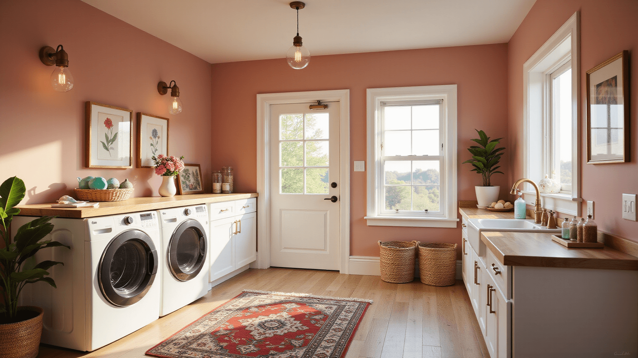 A photorealistic interior of a spacious laundry room featuring salmon pink walls, vaulted ceilings, a white washer and dryer, natural wood countertop, brass pendant lights, light oak flooring, and a floral area rug, all illuminated by golden hour sunlight.