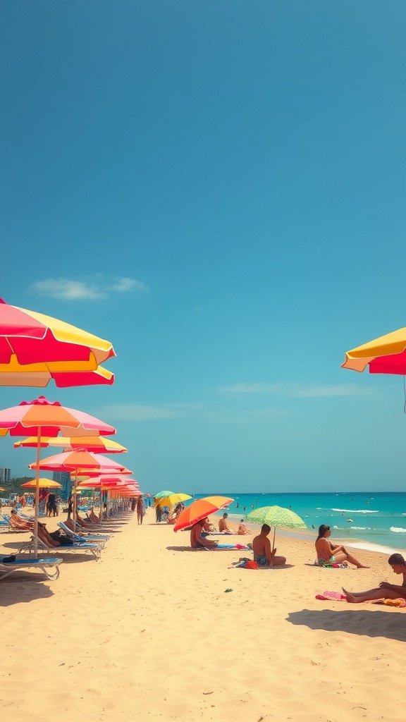Colorful beach umbrellas lining the shore with people enjoying the beach