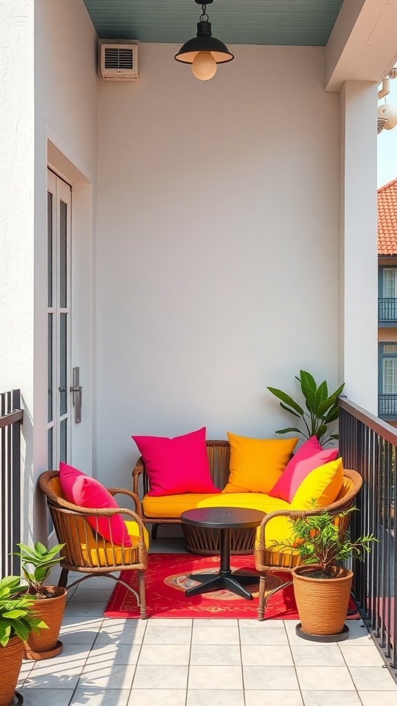 A small balcony with colorful pink and yellow cushions on a wicker sofa, a small table, and potted plants.