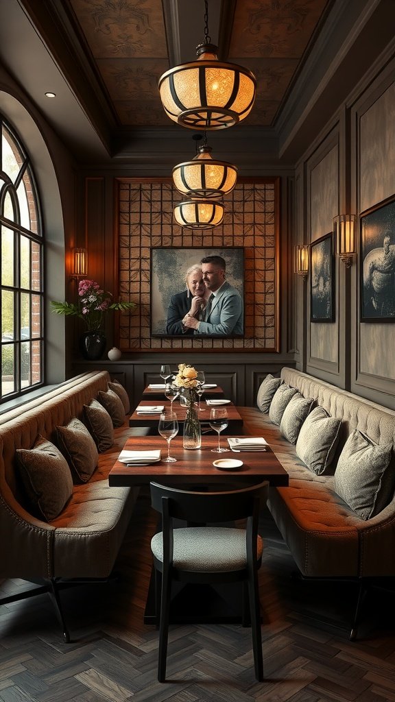 A cozy Japandi dining room with plush seating and warm lighting.