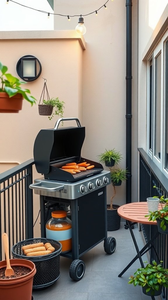 Compact BBQ setup on a small balcony with plants and string lights.
