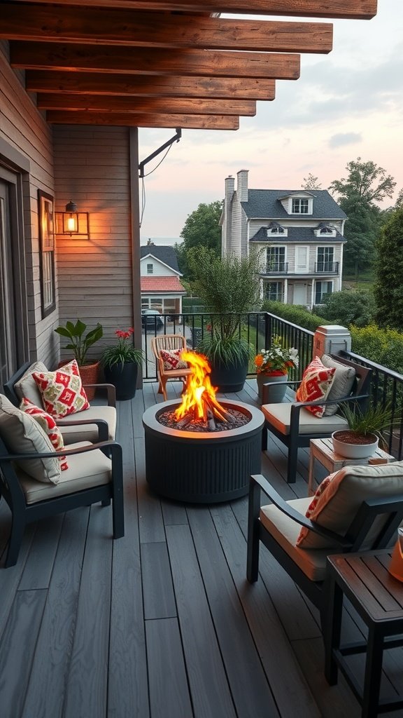 A cozy balcony featuring a compact fire pit surrounded by comfortable seating and plants.
