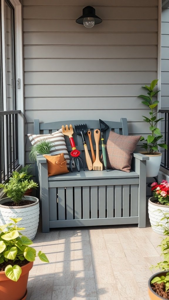 A gray storage bench on a small balcony with gardening tools and potted plants.