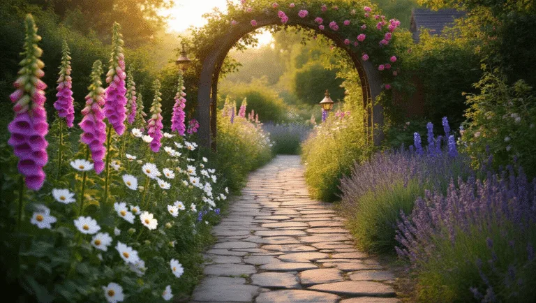 A winding flagstone pathway through a vibrant cottage garden at golden hour, framed by a wooden arch of climbing roses, with tall purple foxgloves, pink hollyhocks, white cosmos, and blue delphiniums. Copper solar lanterns illuminate the scene, while dappled sunlight filters through the foliage, highlighting the rich textures and soft pastel colors of the flowers.