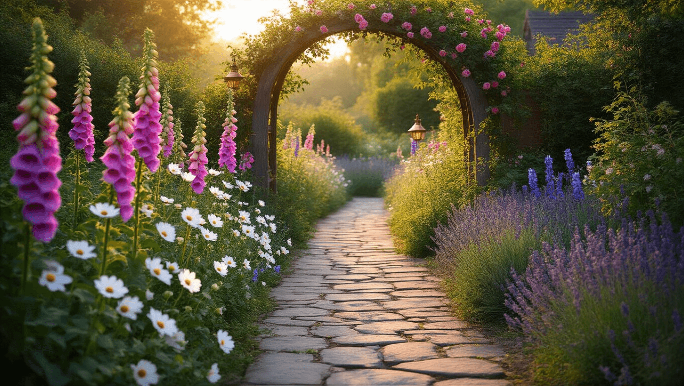 A winding flagstone pathway through a vibrant cottage garden at golden hour, framed by a wooden arch of climbing roses, with tall purple foxgloves, pink hollyhocks, white cosmos, and blue delphiniums. Copper solar lanterns illuminate the scene, while dappled sunlight filters through the foliage, highlighting the rich textures and soft pastel colors of the flowers.