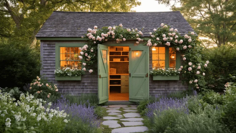 Photorealistic image of a rustic cottage garden shed at golden hour, featuring cedar shingles, sage green trim, a Dutch door, cascading climbing roses, and an inviting warm interior glow, with a stone pathway surrounded by lush perennials and antique lanterns.