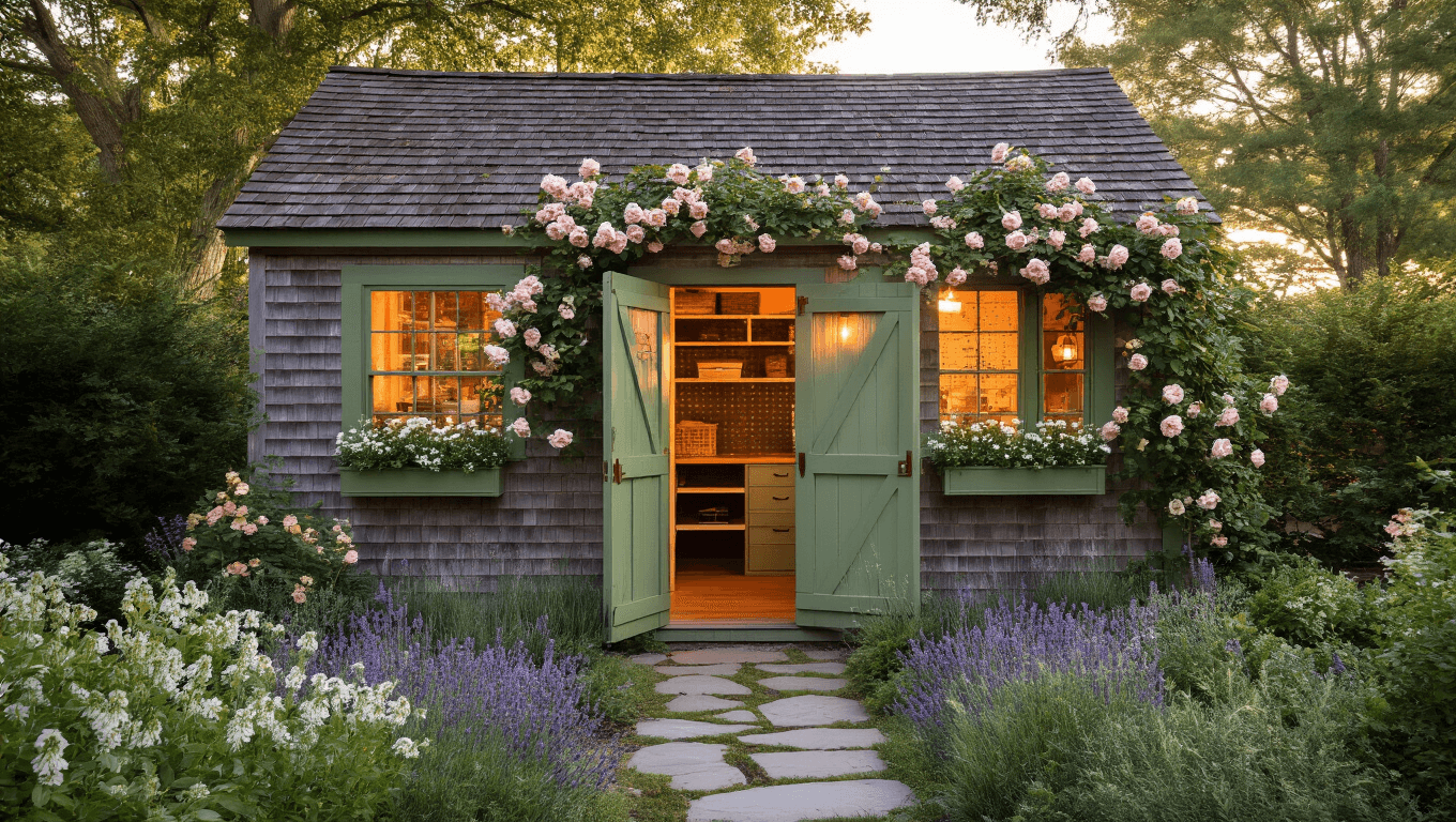 Photorealistic image of a rustic cottage garden shed at golden hour, featuring cedar shingles, sage green trim, a Dutch door, cascading climbing roses, and an inviting warm interior glow, with a stone pathway surrounded by lush perennials and antique lanterns.