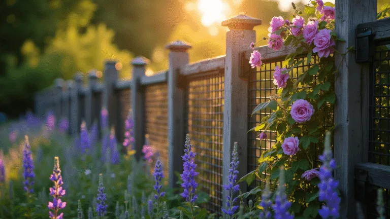 A wide-angle shot of a charming cottage garden fence at sunset, featuring a weathered cedar and black wire mesh combination fence entwined with purple clematis and pink climbing roses, with a layered garden of tall purple foxgloves, cobalt blue delphiniums, and silvery lavender in the foreground, and soft dappled sunlight filtering through mature trees in the background.