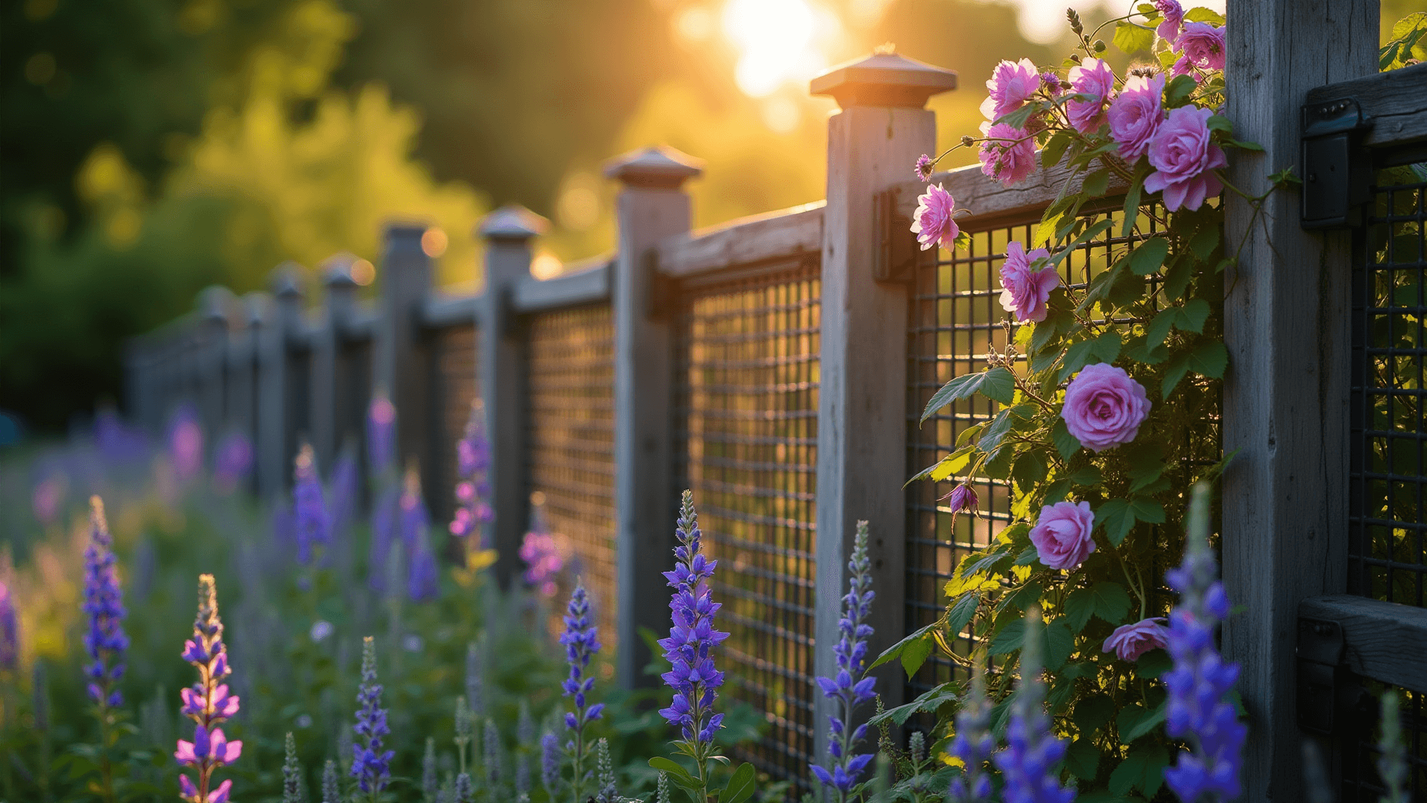 A wide-angle shot of a charming cottage garden fence at sunset, featuring a weathered cedar and black wire mesh combination fence entwined with purple clematis and pink climbing roses, with a layered garden of tall purple foxgloves, cobalt blue delphiniums, and silvery lavender in the foreground, and soft dappled sunlight filtering through mature trees in the background.