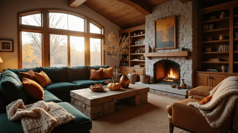 A cozy autumn living room with vaulted ceilings, featuring a green sectional sofa, reclaimed wood coffee table with pumpkins, a stone fireplace, and warm golden light streaming through bay windows.