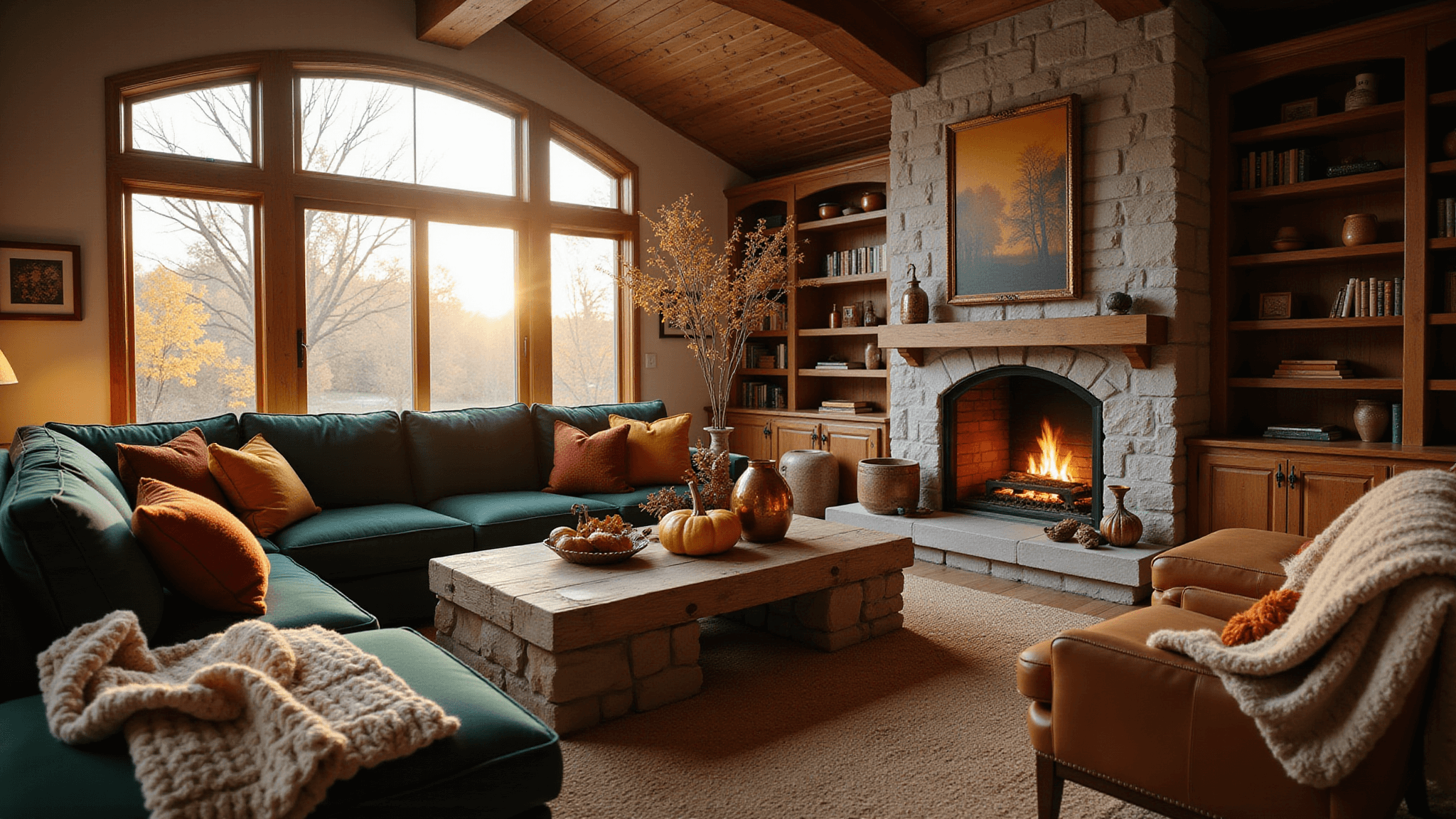 A cozy autumn living room with vaulted ceilings, featuring a green sectional sofa, reclaimed wood coffee table with pumpkins, a stone fireplace, and warm golden light streaming through bay windows.
