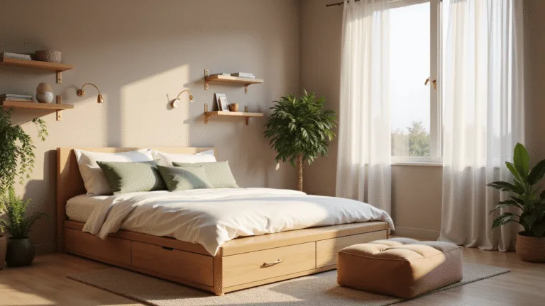 Photorealistic image of a cozy 12x14ft bedroom featuring a queen-sized platform bed with white linens, sage green accents, and a plush blush ottoman, illuminated by golden hour sunlight through sheer curtains, with minimalist brass sconces and trailing plants enhancing the space.