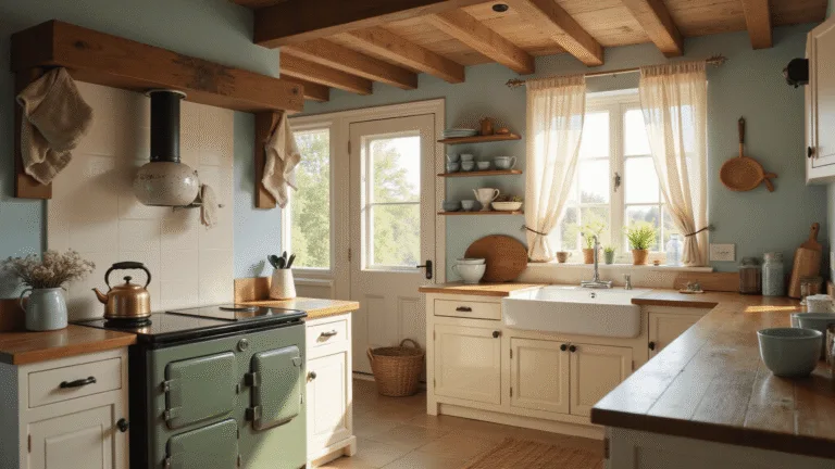 A cozy cottage kitchen bathed in golden morning light, featuring exposed wooden beams, creamy white shaker cabinets, a vintage sage green Aga cooker, and a butcher block island with wildflowers in a vintage pitcher.