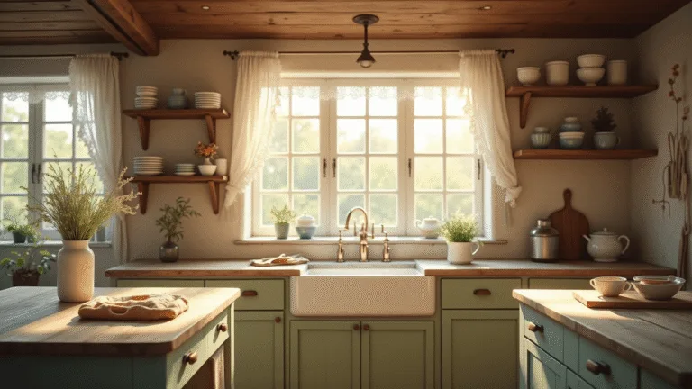 Hyperrealistic photograph of a sunlit country cottage kitchen featuring a creamy white farmhouse sink, weathered wooden island with wildflowers, vintage china on open shelves, sage green cabinets, and a half-rolled pie crust, all bathed in golden morning light.
