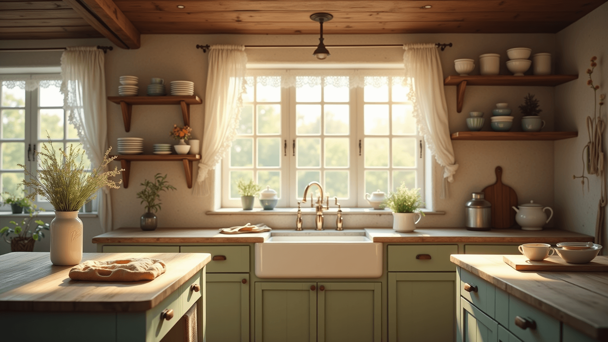 Hyperrealistic photograph of a sunlit country cottage kitchen featuring a creamy white farmhouse sink, weathered wooden island with wildflowers, vintage china on open shelves, sage green cabinets, and a half-rolled pie crust, all bathed in golden morning light.