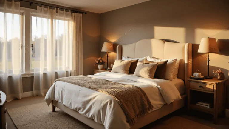 Cinematic interior photo of a luxurious bedroom sanctuary bathed in golden hour light, featuring a king-size bed with cream upholstery, textured bedding, and weathered oak furniture, creating a warm and inviting atmosphere.