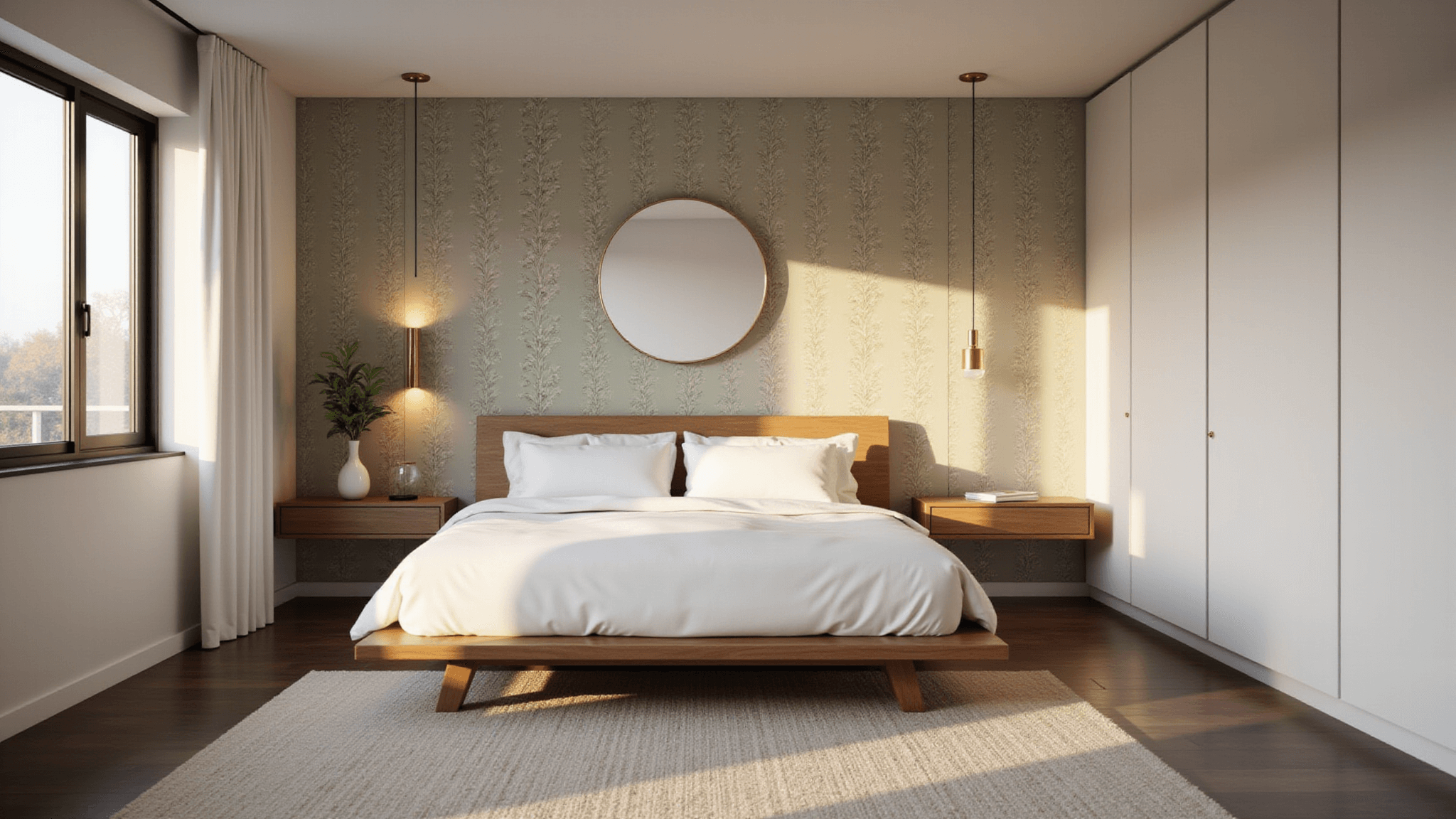 A cozy modern minimalist bedroom featuring a platform bed with white linens, floating nightstands, botanical wallpaper, and brass sconces, illuminated by golden hour sunlight through large windows, shot in hyperrealistic detail.