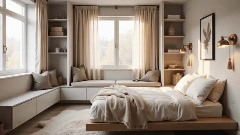 Photorealistic interior of a small cozy minimalist bedroom featuring soft golden hour lighting, a low-profile platform bed with ivory bedding, light oak floating shelves, a built-in window seat, and warm vintage brass sconces, all adorned in a muted sage and cream color palette.