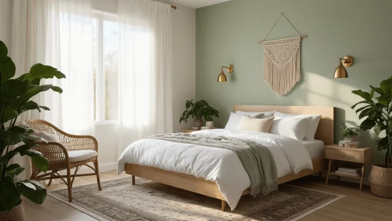 A cozy 10x12ft bedroom bathed in soft golden hour light, featuring a queen-size platform bed with crisp white bedding, a vintage Persian rug, rattan accent chair, and a sage green accent wall, complemented by minimalist decor and lush plants, captured in high-resolution photorealistic detail.