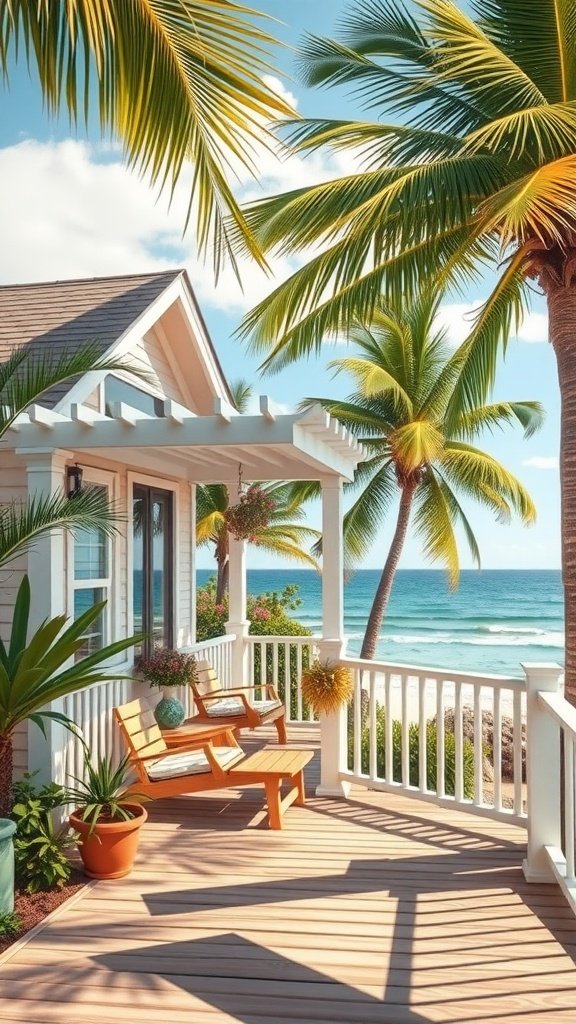 A cozy beach cottage with a wooden deck overlooking the ocean, surrounded by palm trees and potted plants.