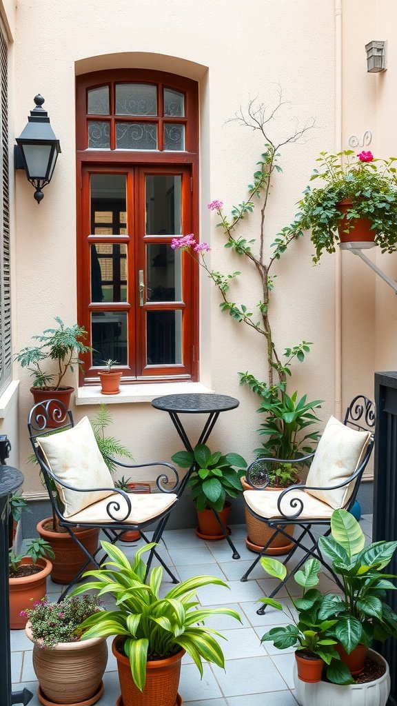 A cozy seating nook on a small balcony with two chairs, a small table, and various potted plants.